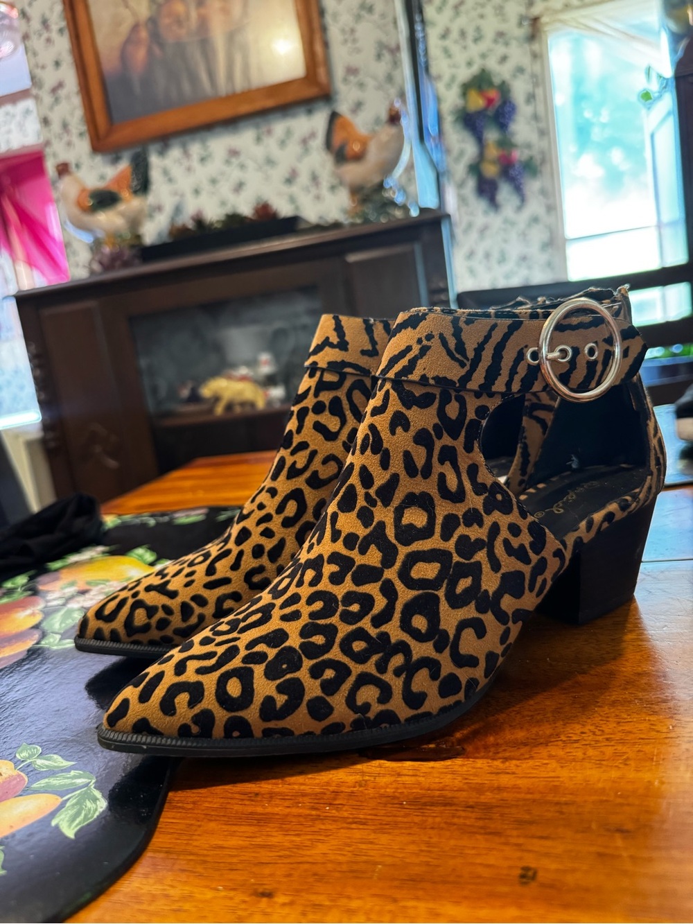 Qupid Leopard Print Cutout Ankle Booties in Tan and Black